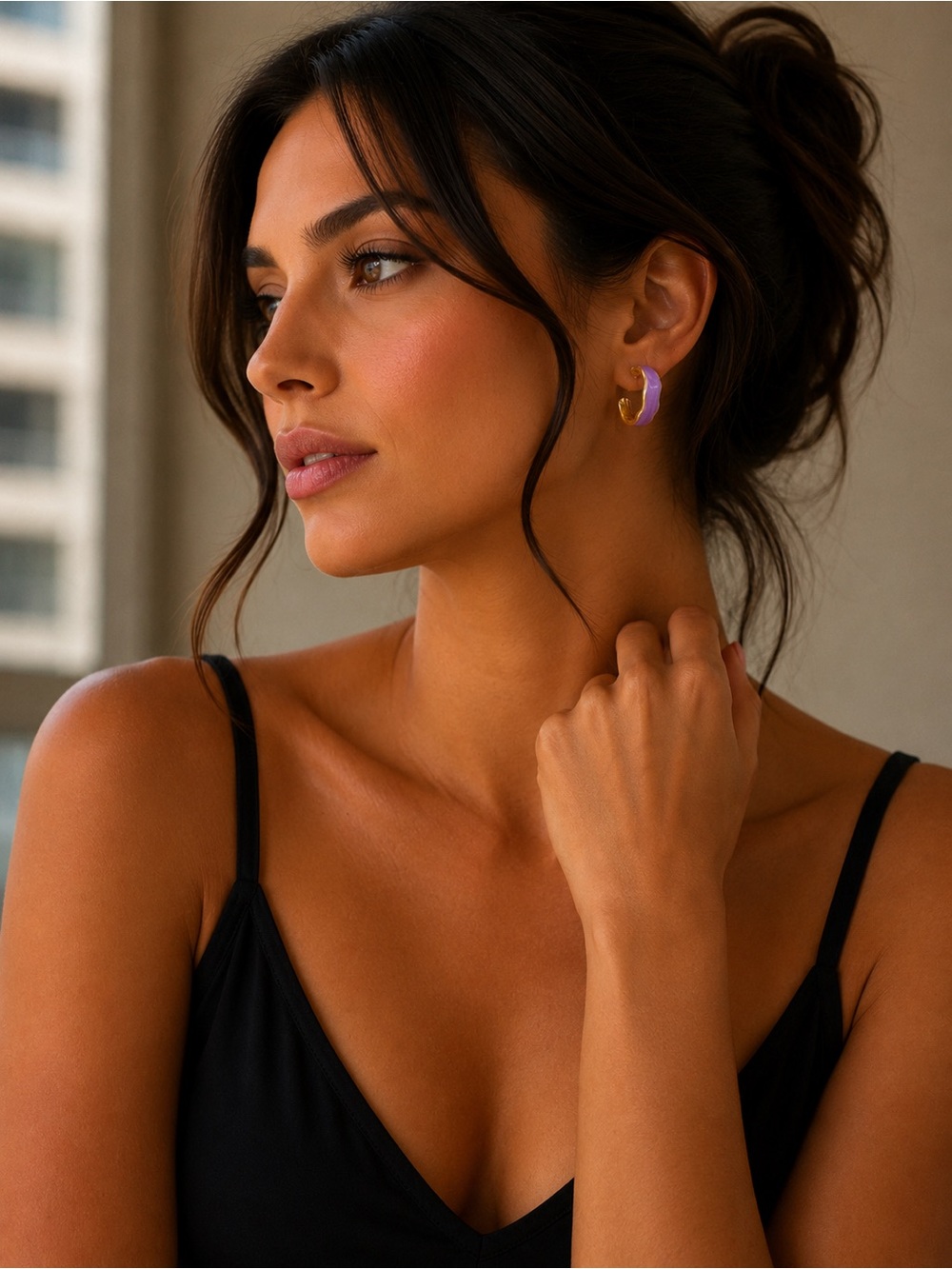 Gold Hoop Earrings with Lilac Enamel Accent